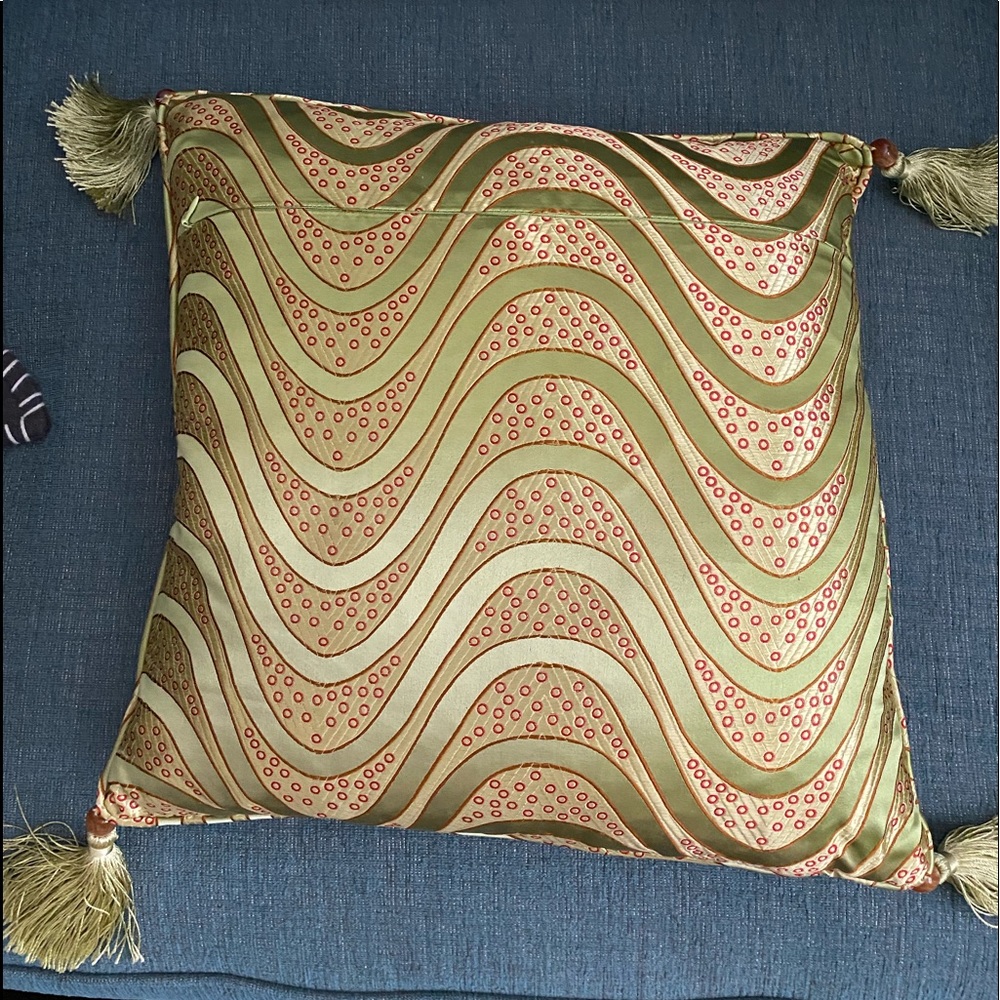 Decorative pillow - pale greens with red accents